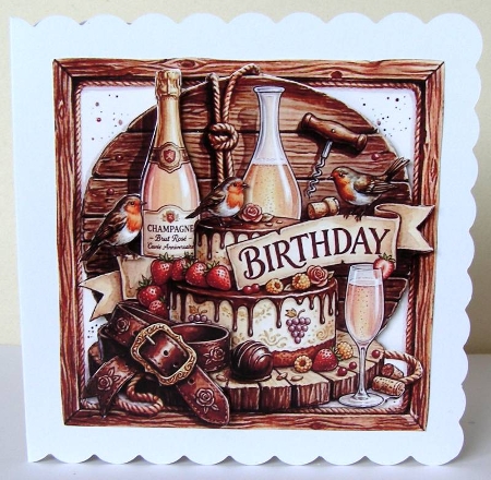 Champagne Birthday Celebration Card Front – Cake, Bubbly & Rustic Vintage Topper by Margaret McCartney