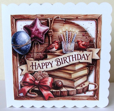 Rustic Birthday Card Front – Books, Candles, Birds & Festive Balloons by Margaret McCartney