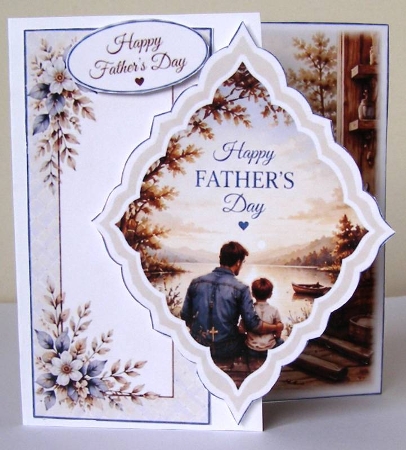 Father & Child on Lakeside Dock Blue Floral Fathers Day Card Front by Margaret McCartney
