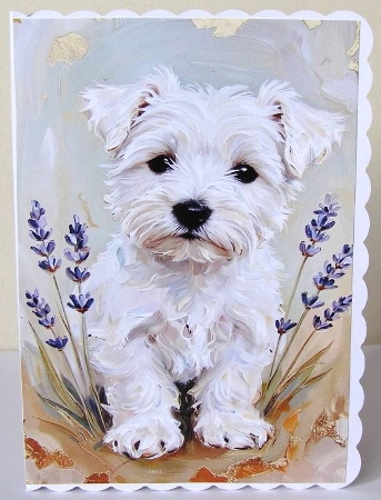 Lovely Little Westie Puppy With Purple Flowers A4 by Margaret McCartney