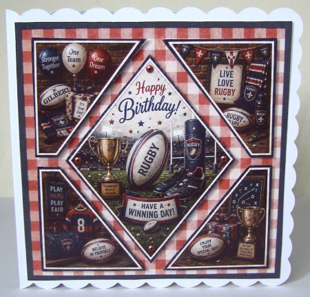 Rugby Birthday Card Topper with Trophy and Team Spirit Quotes by Margaret McCartney