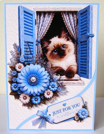Blue Window Kitten Just For You Card Topper by Margaret McCartney