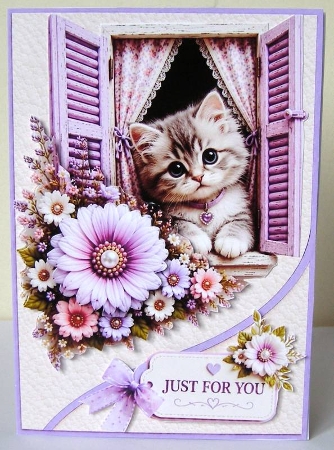 Lavender Window Kitten Just For You Card Topper by Margaret McCartney