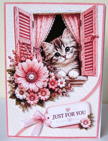 Pink Window Kitten Just For You Card Topper by Margaret McCartney