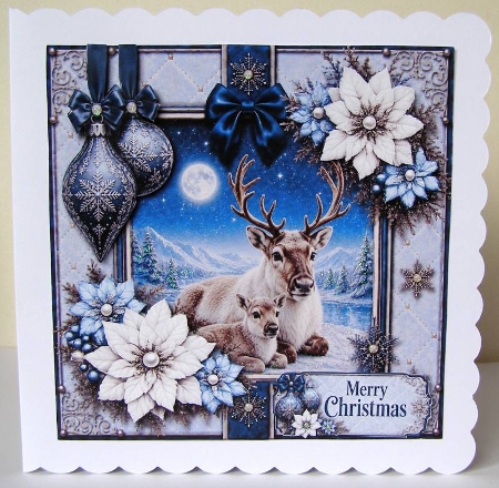 Winter Reindeer Card Topper – Elegant Blue & Silver Holiday Design by Margaret McCartney