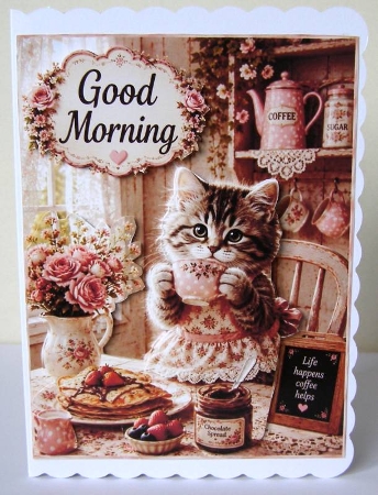 Shabby Chic Kitten with Pancakes Good Morning Topper by Margaret McCartney