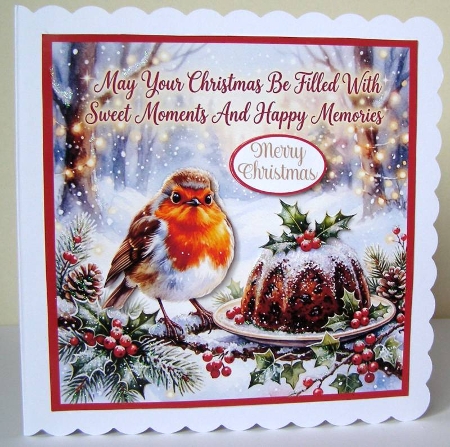 Cute Robin & Christmas Pudding 7 x 7 Card by Margaret McCartney