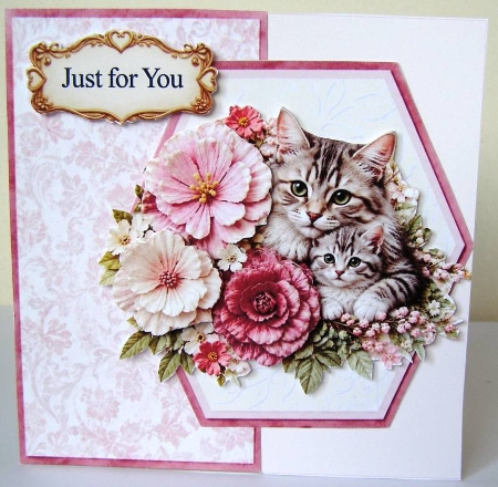 Cute Cat & Kitten Floral Topper with Pink Blooms by Margaret McCartney