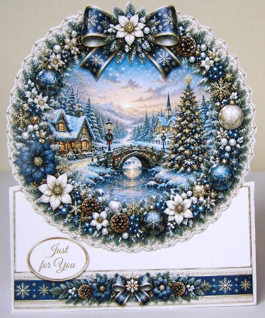 Blue & Gold Winter Village Wreath Card Topper by Margaret McCartney