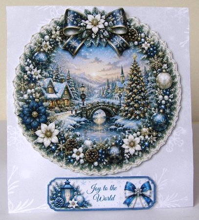 Blue & Gold Winter Village Wreath Card Topper by Margaret McCartney
