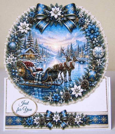 Blue & Gold Reindeer Sleigh Winter Wreath Card Topper by Margaret McCartney