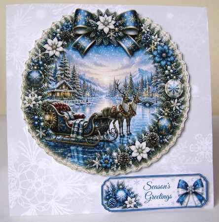 Blue & Gold Reindeer Sleigh Winter Wreath Card Topper by Margaret McCartney