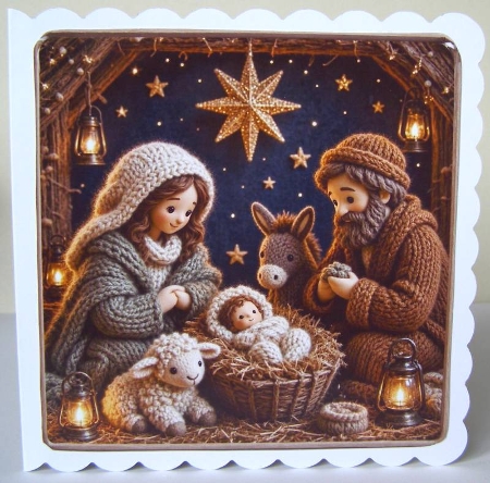Seamless Aquarelle Knitted Nativity Pattern Wool Figures Manger Glow Pastel Winter Stars 8K Premium Design by Margaret McCartney