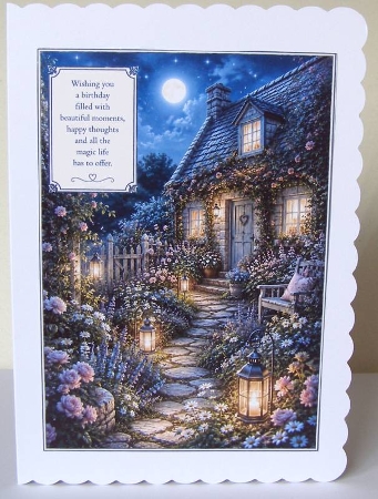 Moonlit Cottage Garden Birthday Theme A4 Portrait Topper. by Margaret McCartney