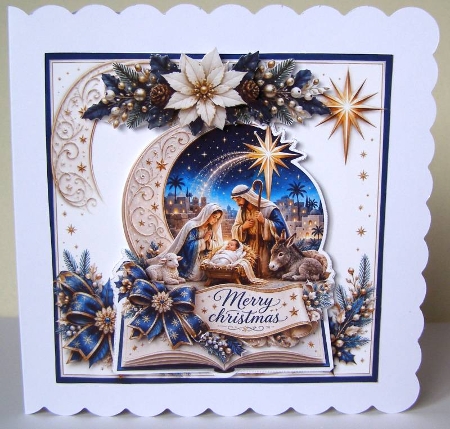 Nativity Christmas Card Kit – Gold & Blue Poinsettias & Holy Family Scene by Margaret McCartney