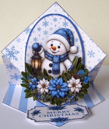 Blue Christmas Snowman Topper – Winter Lantern Card with Merry Christmas Label by Margaret McCartney