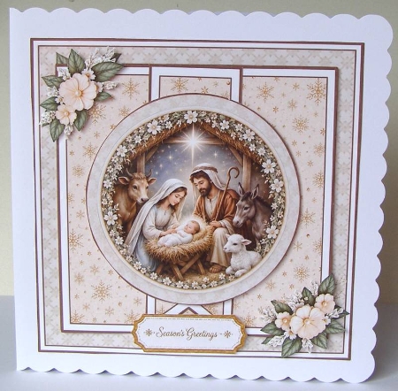 Nativity Scene 7x7 Christmas Card Kit with Cream Flowers & Gold Snowflake Panels by Margaret McCartney