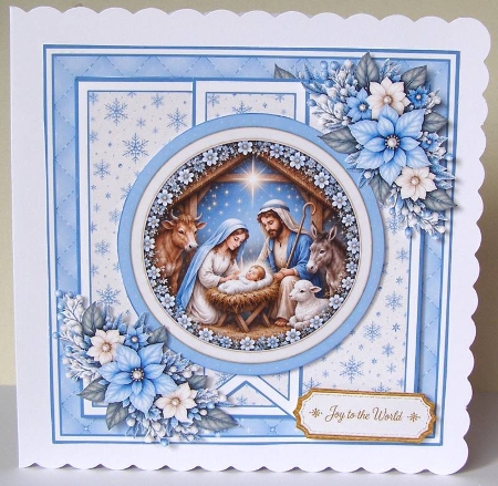 Nativity Scene 7x7 Christmas Card Kit with Blue Snowflake Panels & Floral Toppers by Margaret McCartney
