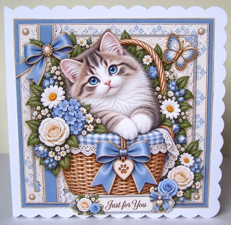 8x8 Blue Basket Kitten - Quick Card Front with Sentiment  by Margaret McCartney