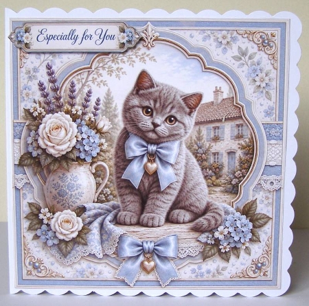 8x8 Blue Cottage Kitten  - Quick Card Front with Sentiment  by Margaret McCartney