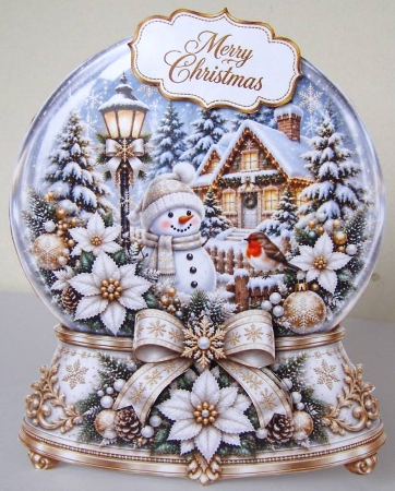Elegant White & Gold Christmas Snow Globe Cottage Topper for Cards by Margaret McCartney