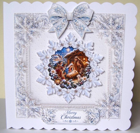 Elegant Nativity Merry Christmas Snowflake Topper for Cards by Margaret McCartney