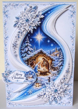Elegant Nativity Merry Christmas Topper with Snowflake Frame by Margaret McCartney