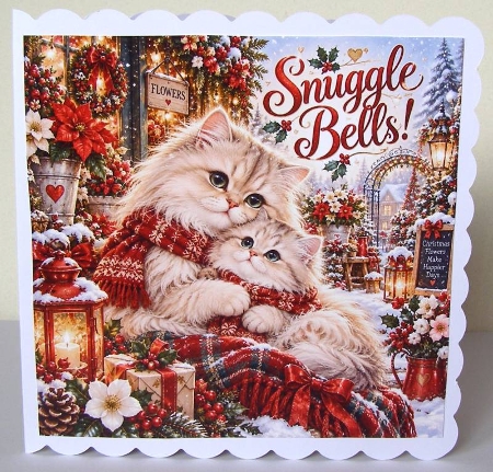 Watercolor Christmas Persian Cat & Kitten Snuggle Bells Illustration by Margaret McCartney