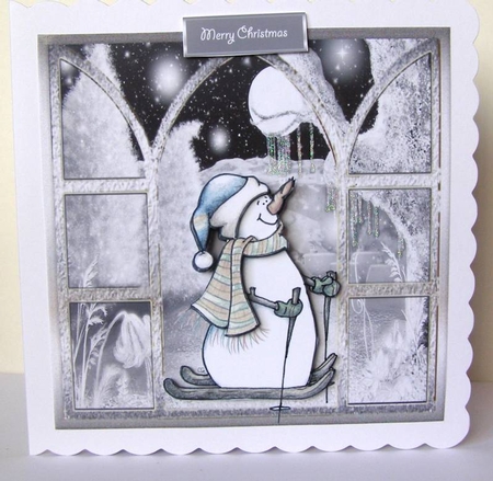 Sking snowman 7x7 card with decoupage and sentiment tags by Margaret McCartney