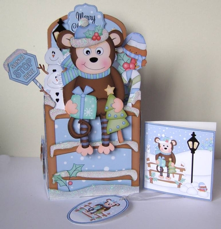 3D Christmas Rubber Band Pop Up Box Card - Cute Little Monkey Bing  by Margaret McCartney