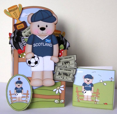 3D Football Freddy Teddy Plays for Scotland Rubber Band Pop Up Box Card by Margaret McCartney