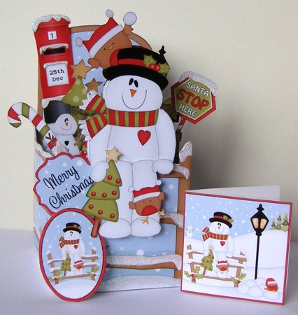 3D Christmas Rubber Band Pop Up Box Card - Snowman Rio has a Christmas Tree by Margaret McCartney