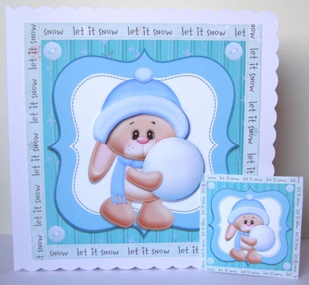 Cute Bunny With Blue Hat & Snowball 8x8 by Margaret McCartney