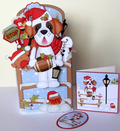 3D Christmas Rubber Band Pop Up Box Card - Tex the St Bernard Dog is at the North Pole by Margaret McCartney