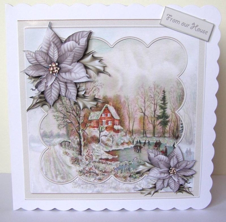 Winter fun on ice 7x7 card with decoupage and sentiment tags by Margaret McCartney