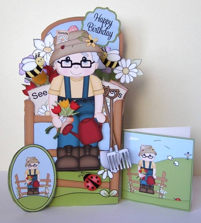 3D Gardening Old Man Clive Rubber Band Pop Up Box Card by Margaret McCartney