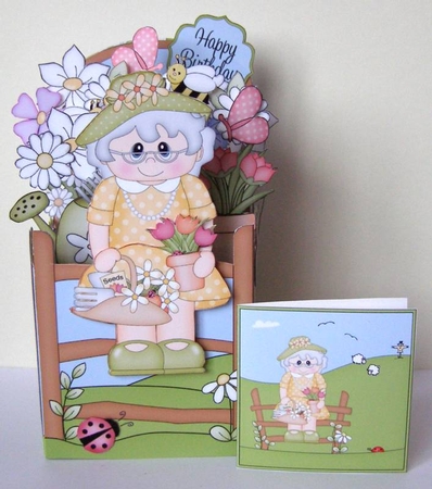 3D Gardening Old Lady Agnes Rubber Band Pop Up Box Card by Margaret McCartney
