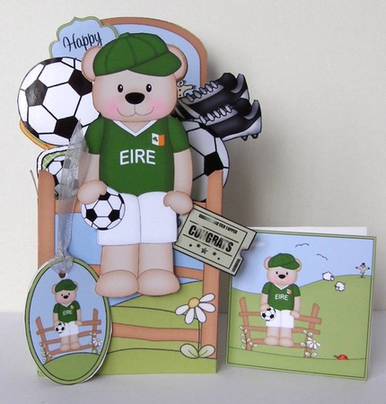 3D Football Freddy Teddy Plays for Eire Rubber Band Pop Up Box Card by Margaret McCartney