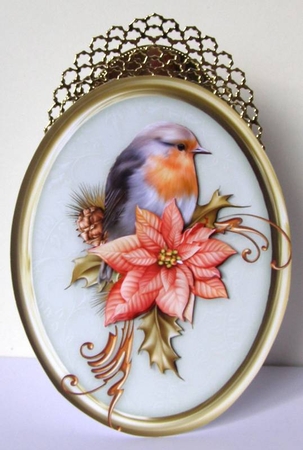 Christmas Robin & Poinsettia - 5 x 7 Oval decoupage Card Topper by Margaret McCartney
