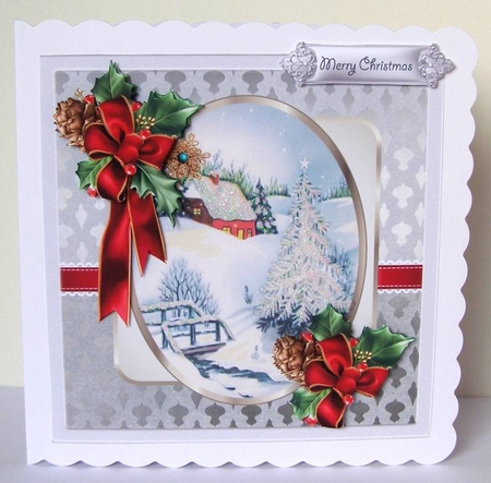 Stream in winter 7x7 card with decoupage by Margaret McCartney