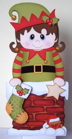 3D On the Shelf Card Kit - Christmas Cute Little Girl Elf is helping Santa take the Presents down the Chimney by Margaret McCartney