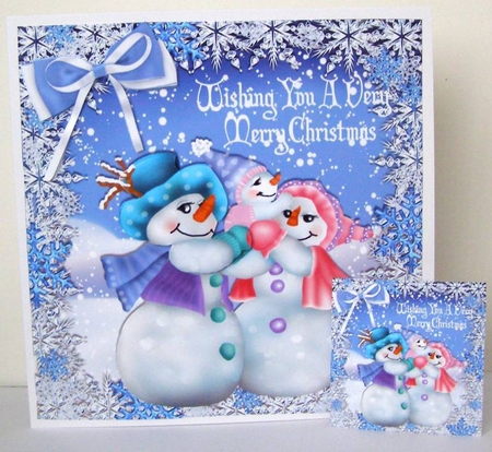 Lovely snowman family with bow and snowflakes 8x8 by Margaret McCartney