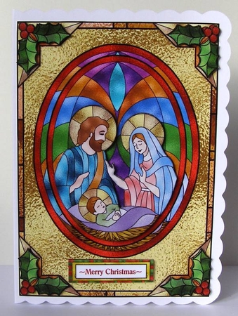 Stained Glass Christmas Nativity 5 x 7  Card Topper With Greetings in Ten Languages by Margaret McCartney