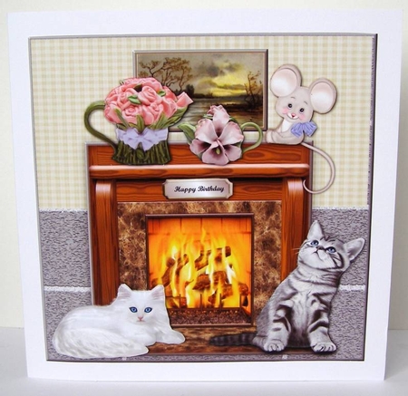 Cute Mouse, Kittens & Fireplace by Margaret McCartney
