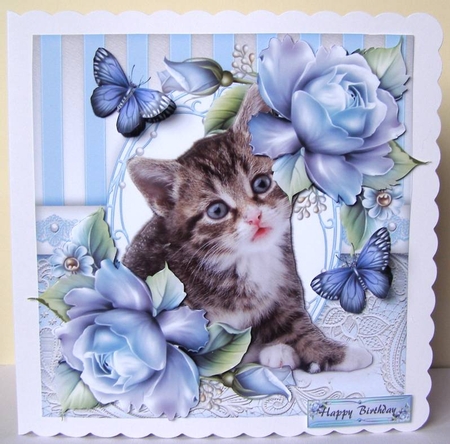 Cute Grey Kitten With Blue Roses 8x8 Mini Kit by Margaret McCartney