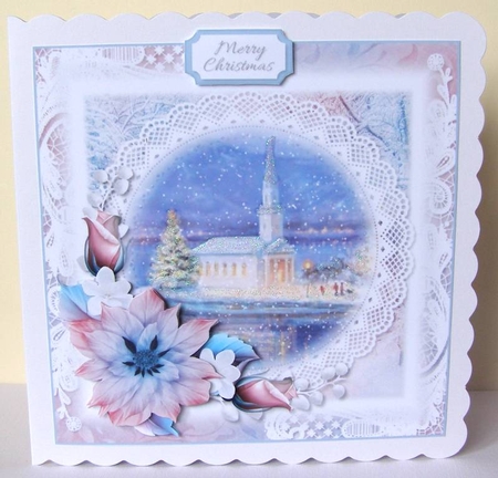 Pink and Blue Church Christmas Scene 1 by Margaret McCartney