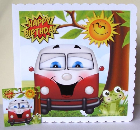 HAPPY CAMPERS! Toony faced campervan in red with frog 8x8 by Margaret McCartney