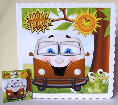HAPPY CAMPERS! Toony faced campervan in brown with frog 8x8 by Margaret McCartney