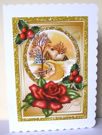 pretty snow cottage with red rose and holly A5 by Margaret McCartney