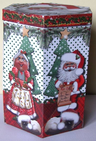 GORGEOUS TALL HEXAGONAL DECOUPAGE BOX - Kris and Mrs. by Margaret McCartney